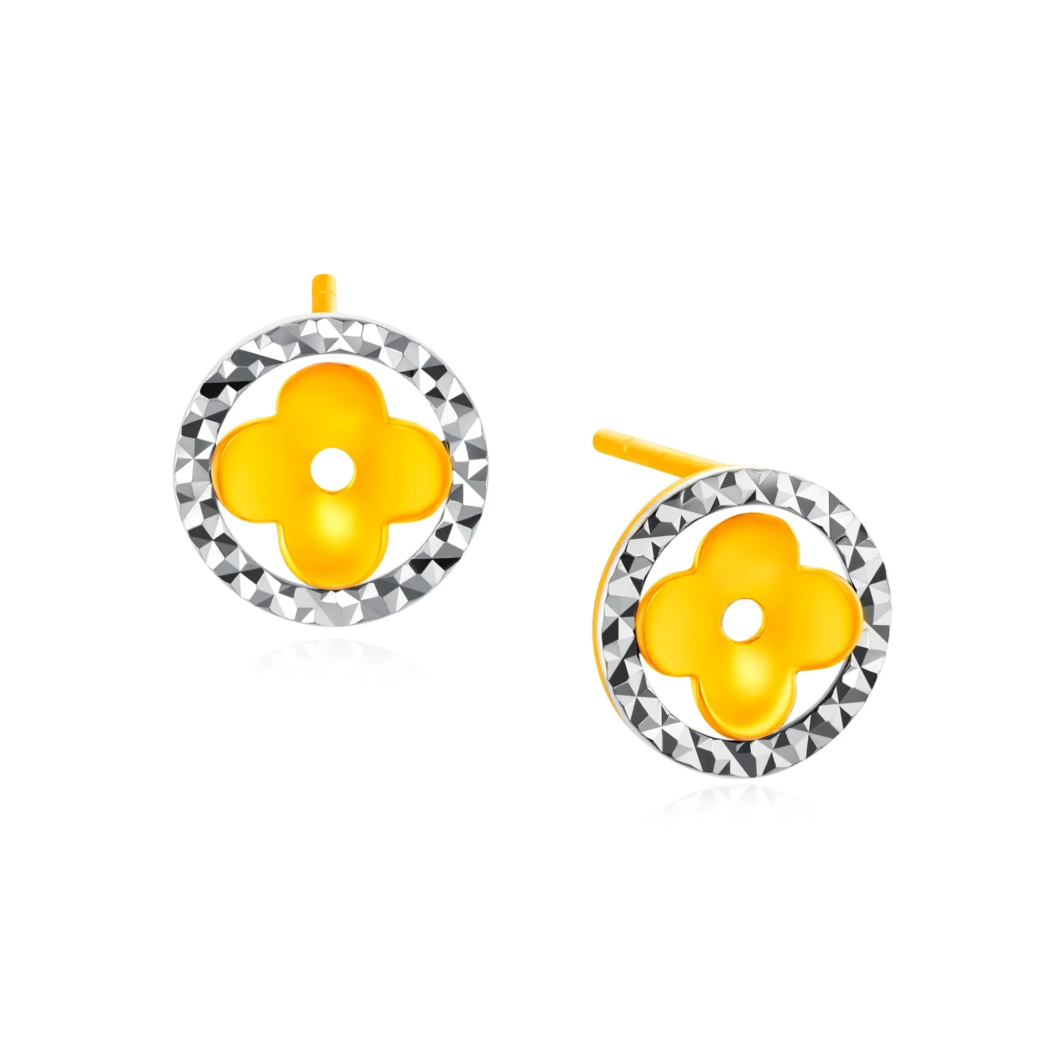 916 Gold Two-Tone Clover Stud Earrings