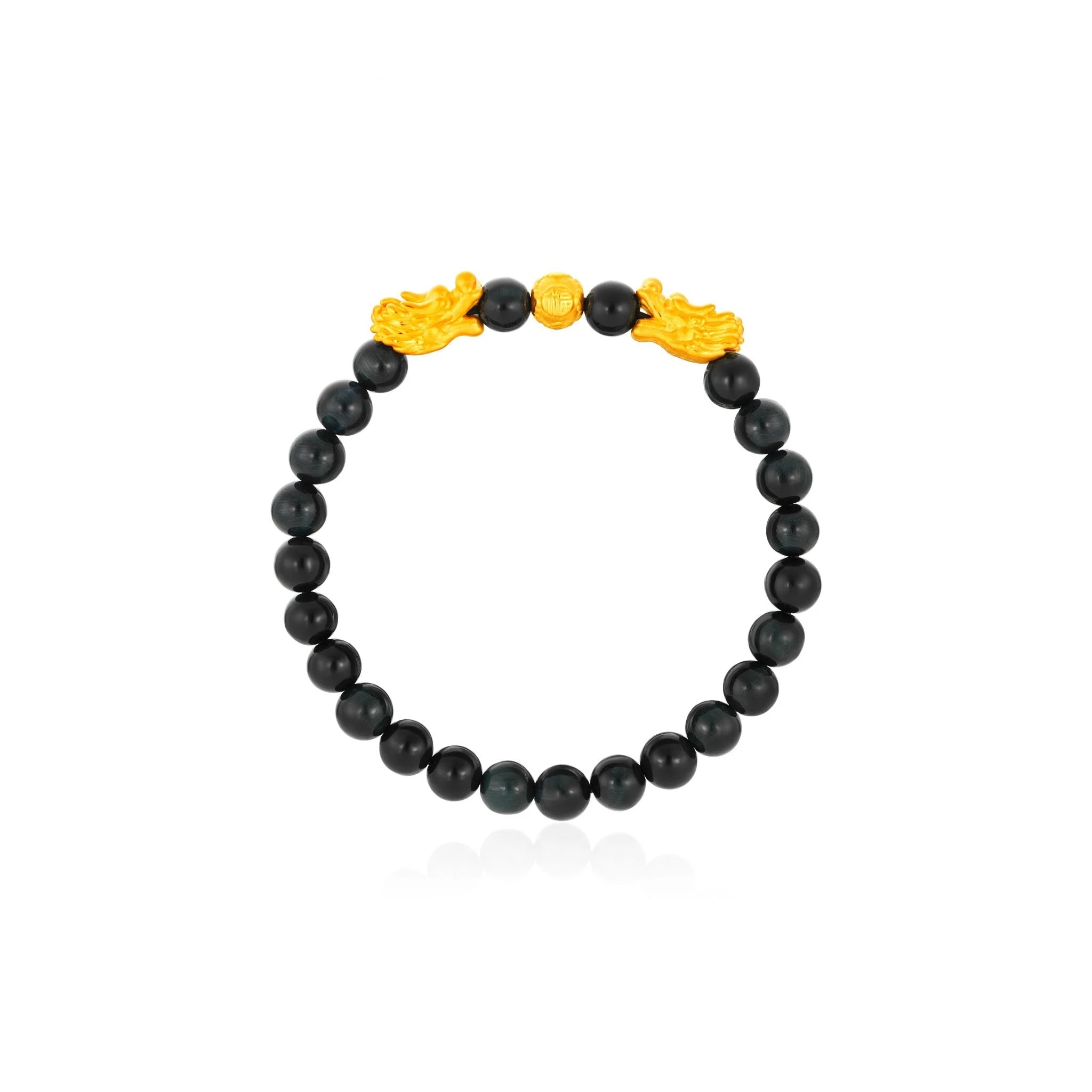 999 Gold Double Dragon with Blue/Red Tiger's Eye Beads Bracelet - Image 3
