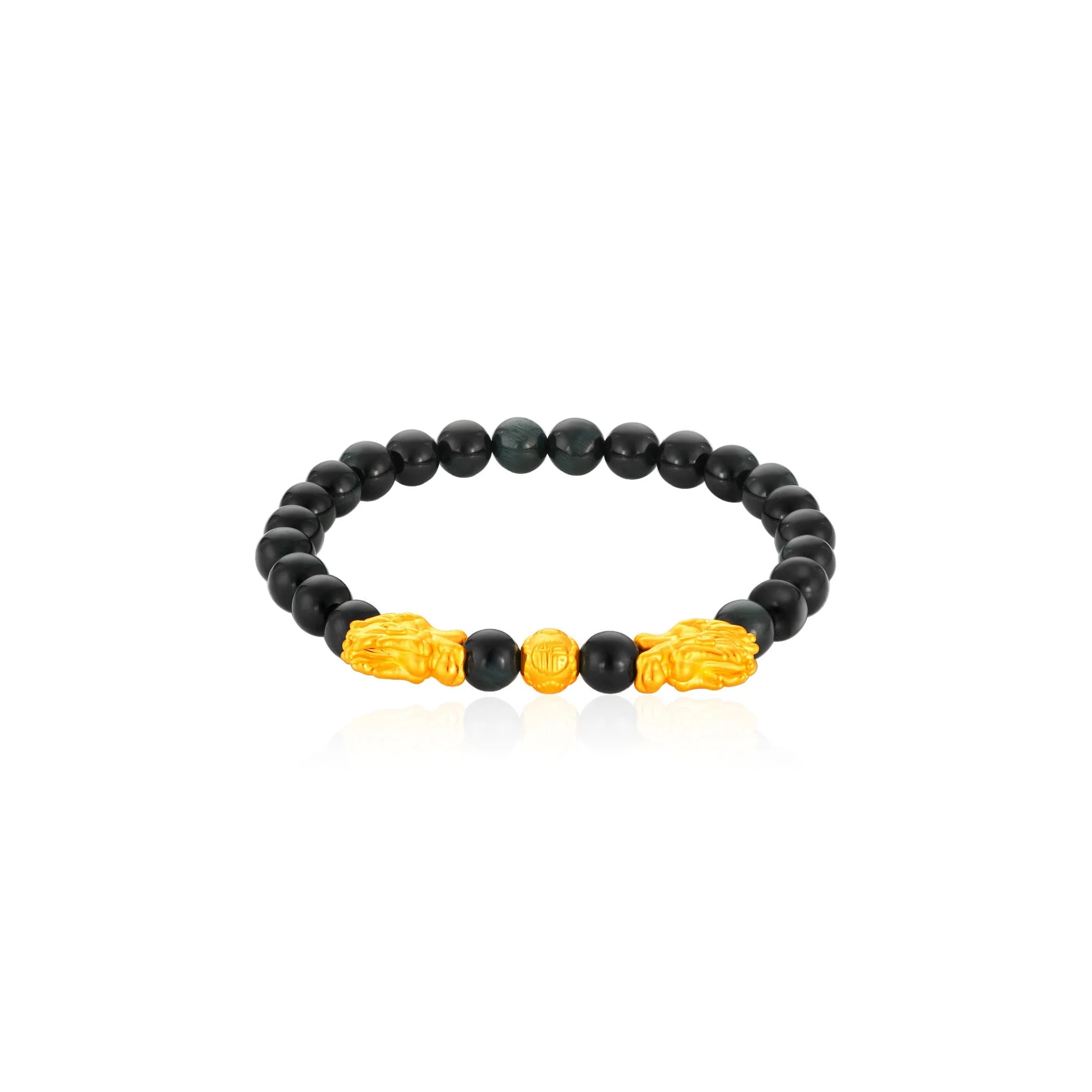 999 Gold Double Dragon with Blue/Red Tiger's Eye Beads Bracelet - Image 5