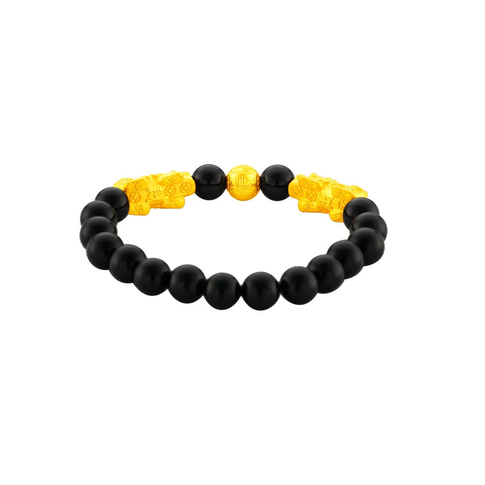 999 Gold Double Pixiu with Black Agate Beads Bracelet - Image 2